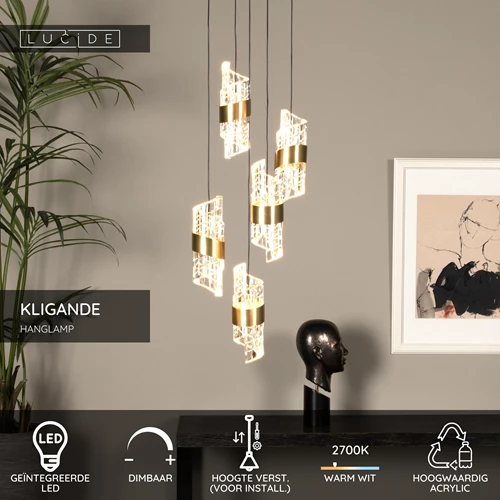 Lucide KLIGANDE - Hanglamp - Ø 30 cm - LED Dimb. - 5x8W 2700K - Mat Goud / Messing - USP